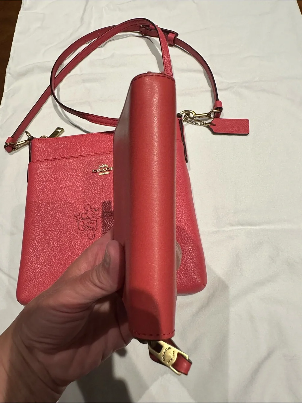 Coach Pink Mickey and Minnie  Leather Crossbody Bag and matching wallet.  New.